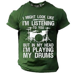 Men's In My Head I'm Playing My Drums Funny Drummer Graphic T-Shirt Percussionist Joke Quote Tee Musician Gift Band Practice Gear Distressed Style Casual Short