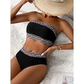 Women's Swimwear Bikini 2 Piece Cheeky Swimsuit Slim Backless Vacation Beach Wear Solid Color Leopard Strapless Sleeveless Bathing Suits