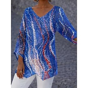 American Independence Day Women's Shirt Blouse Patchwork Graphic Flag Abstract Fashion Stylish Classic Long Sleeve V Neck Long Tops Daily Holiday Going out Blu