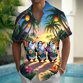 Men's Funny Tropical Flowers Penguin Summer Hawaiian Shirt Button Up Shirt Aloha Shirt Short Sleeve Hawaiian Beach Vacation Wear Summer Spring Turndown 3D Prin