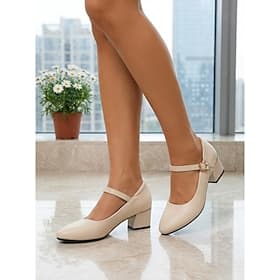 Klassiske beige Mary Jane-sko til dame – elegante pumps med rund tå og mellomhøy hæl stropp med strassspenne for kontorarbeid, daglig profesjonell bruk formell