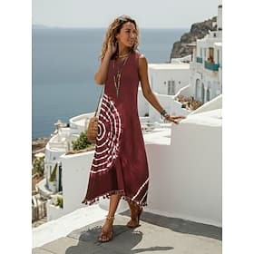 Women's Midi Dress Bohemian Sleeveless Round Neck Tie-Dye Fringe Detail Beach Casual Blue White One Size Summer Fashion Clothing Apparel