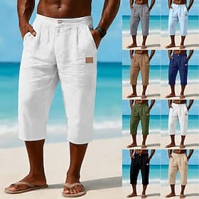 Men's Linen Pants Capri Pants Summer Pants Beach Pants Pocket Elastic Waist Solid Color Comfort Breathable Calf-Length Daily Outdoor Beach Vacation Fashion Blu