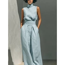 Femmes Ensemble effet lin Ensembles de Pantalons Sans manches Col roulé Uni Mode Streetwear Occasionnel Quotidien Extérieur Bleu Noir Vert Véronèse Printemps