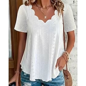 Women's Pointelle Shirt Eyelet Top Blouse Eyelet Plain Active Basic Casual Short Sleeve V Neck Regular Tops Casual Daily Beach Black White Yellow Pink Wine Sum