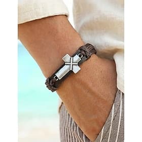 Bracelet croix bohème pour homme, cuir véritable et alliage, style vintage vieilli, longueur ajustable, noir et marron, idéal pour les voyages, les tenues déco