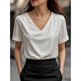 Women's Blouse Solid Color Elegant Stylish Basic Short Sleeve V Neck Regular Tops Daily Black White Wine Fuchsia Green Summer Spring