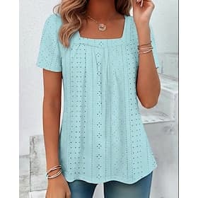 Women's Summer Tops Blouse Fashion Cute Trendy Short Sleeve Square Neck Regular Tops Daily Going out Blue Black White Pink Purple Summer Spring