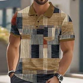 Men's Color Block Polo Short Sleeve Polo Shirts Collared Shirts Casual Outdoor Athleisure Daily Wear 3D Print Buttons Summer Blue Purple Brown