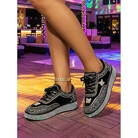 Women's Rhinestone Platform Sneakers - Black Velvet Trendy Shoes for Nightlife Parties