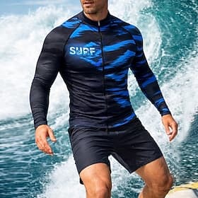 Men's Medium Standard Rash Guard Swim Shirt Alphabet Abstract Color-blocking Zip Up UPF50 UV Protection Quick Dry Long Sleeve Swimwear Sun Shirt Surfing Canoei
