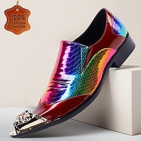 Men's Rainbow Metallic Leather Shoes with Snake Pattern and Pointed Toe – High-End Footwear for Fashion Shows and Exclusive Parties
