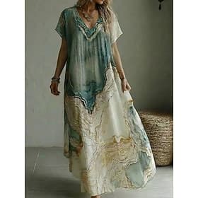 Women's Maxi Dress Casual Dress Print Dress Elegant Fashion Modern Outdoor Vacation Going out Loose Fit Marble Short Sleeve V Neck Blue Summer Spring