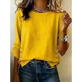 Women's Linen-feel Shirts Linen Shirt Blouse Patchwork Buttons Plain Elegant Vacation Stylish Long Sleeve Crew Neck Regular Tops Daily Holiday Going out Blue B