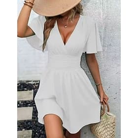 Women's Mini Dress White Dress A Line Dress Elegant Fashion Modern Outdoor Vacation Going out Regular Fit Plain Short Sleeve V Neck White Burgundy Navy Blue Br