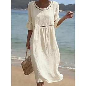 Women's Midi Dress Linen-feel Dresses Shift Dress Summer Dress Classic Casual Daily Loose Fit Plain Short Sleeve Crew Neck Blue Yellow Green Beige Summer Sprin