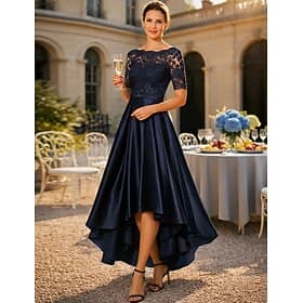 A-Linie Asymmetrisch Tee-Länge Partykleid Cocktailkleid Kleid für Hochzeitsgäste Brautmutterkleid Kurzarm Rundausschnitt Elegant High-Low Hochzeitsgast Hochzei