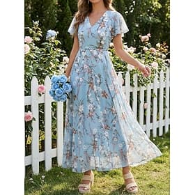 Women's Midi Dress Chiffon Dress Floral Dress Print Dress Fashion Modern Outdoor Vacation Tea Party Regular Fit Flower Short Sleeve V Neck Blue Green Light Blu
