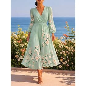 Women's Midi Dress Pleated Dress Work Dresses Fit And Flare Dress Birthday Casual Formal Office Date Regular Fit Floral Graphic Long Sleeve V Neck Light Green