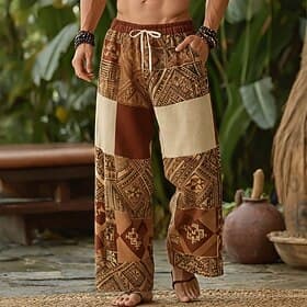 Men's Color Block Geometric Pattern Ethnic Trousers Baggy Pants Casual Pants Mid Waist Boho Vintage Retro Home Outdoor Vacation Elastic Drawstring Waist Linen-