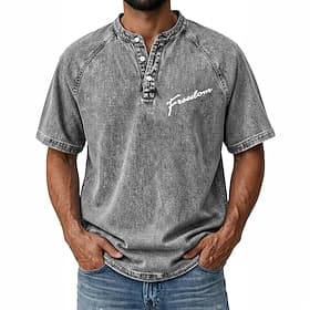 SoftFade™ Men's Washed Freedom T Shirt Demin Shirt 100% Cotton Acid Wash Shirt Short Sleeve Vintage Distressed Casual Home Street Fall Black Pink Light Green G