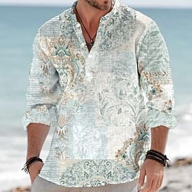 Herren Paisley-Muster Blumendruck Blumen Hemd Knopfhemd Henley Hemd Langarm Ethnisch Vintage-Retro Lässig Urlaub Sommer Frühling Mandarinkragen Stehkragen 3D-D