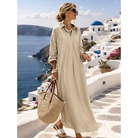Women's Long Dress Maxi Dress Linen-feel Dresses Faux Cotton Linen Shift Dress Shirt Dress Stylish Casual Daily Vacation Date Regular Fit Plain Long Sleeve Lap