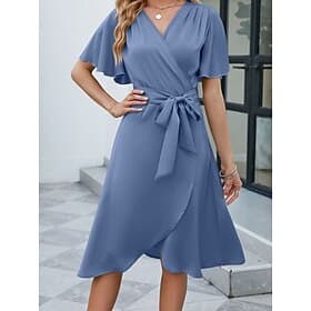 Women's Knee Length Dress Elegant Dress Elegant Fashion Classic Flare Cuff Sleeve Daily Outdoor Beach Regular Fit Plain Short Sleeve V Neck Blue Pink Green Apr