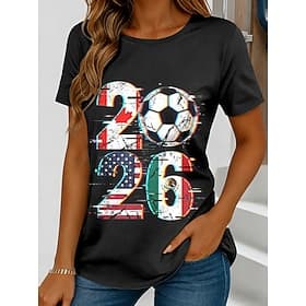 World Soccer Match 2026 Women's T Shirt Print Graphic Stylish Classic Casual Short Sleeve Crew Neck Regular Tops Daily Sports Black White Red Summer Spring