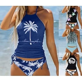 Women's Tankini Two Piece Swimsuit Halter Open Back Swimwear Swimwear Black / White Black Quick Dry Lightweight Breathable Sleeveless - Surfing Beach Swimming