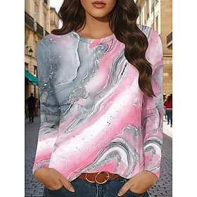 Women's T Shirt Print Graphic Marble Stylish Modern Casual Long Sleeve Crew Neck Regular Tops Daily Weekend Vacation Wear Pink Summer Spring Fall