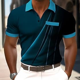 Voor heren Verloop Meetkundig Poloshirts Korte mouw Poloshirt Revers Zakelijk informeel Buiten Feestdagen Alledaagse kleding Zak 3D-afdrukken Zomer Lente blauw thumbnail 2