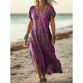 Women's Maxi long Dress Boho Dress Casual Dress A Line Dress Print Dress Fashion Modern Outdoor Vacation Weekend Loose Fit Floral Graphic Short Sleeve V Neck W