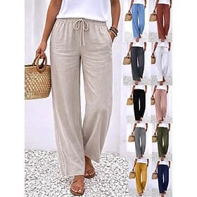 Women's Linen-feel Pants Wide Leg Chinos Summer Pants Vacation Basic Casual Full Length High Waist Plain Pocket Elastic Waistband Comfy Comfort Soft Stretchy O