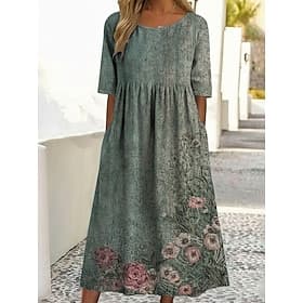 Femmes Robe Midi Robe Décontractée Robe Imprimée ancien Extérieur Vacances Sortir Coupe Ample Fleuri Graphique Demi Manches Col ras du cou Bleu Jaune Violet Ve
