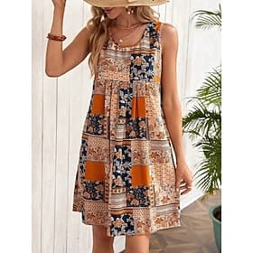 Femmes Robe Longueur Genou Robe bohème Robe de Plage Robe Décontractée Élégant Mode Moderne Extérieur Vacances Sortir Coupe régulière Fleuri Sans manches Col r