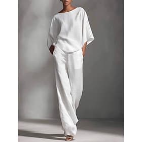 Women's Linen-feel Set Pants Sets 3/4 Length Sleeve Crew Neck Solid Color Fashion Streetwear Casual Daily Outdoor Black White Khaki Summer Regular Fit