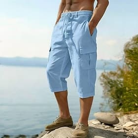 Men's Linen Pants Capri Pants Summer Pants Drawstring Elastic Waist Multi Pocket Plain Comfort Breathable Calf-Length Casual Daily Outdoor Vacation Fashion Blu