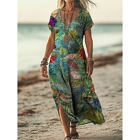 Women's Maxi long Dress Casual Dress A Line Dress Print Dress Fashion Modern Outdoor Beach Vacation Regular Fit Floral Graphic Leaf Short Sleeve V Neck Green S