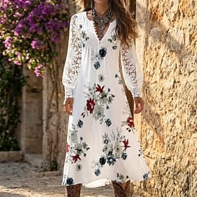 Women's A Line Dress Print Dress Fashion Modern Casual Outdoor Vacation Daily Regular Fit Pure Color Long Sleeve V Neck White Pink Red Blue Summer Spring thumbnail 2
