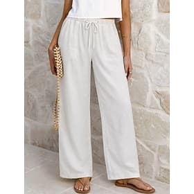 Women's Linen Pants Trousers Casual Pants Summer Pants Vacation Fashion Basic Full Length Medium Waist Plain Drawstring Elastic Waist Straight Leg Lightweight
