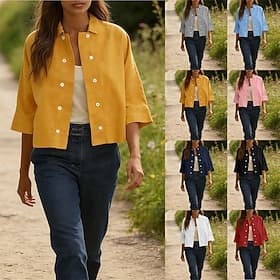 Women's Shirt Linen-feel Shirts Casual Shirt Button Up Shirt Buttons Solid Color Vacation Vintage Fashion Half Sleeve Turndown Regular Tops Daily Holiday Beach