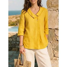 Women's Linen-feel Shirts Blouse Faux Linen Shirt Solid Color Daily Stylish Basic 3/4 Length Sleeve Shirt Collar Regular Tops Daily Blue White Yellow Khaki Pin