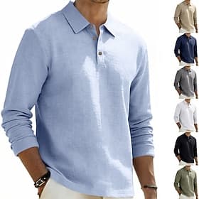 Men's Linen Shirt Polo Shirts Casual Street Lapel Long Sleeve Basic Modern Plain Buttons Spring Fall Regular Fit Black White Navy Blue Khaki Dark Grey Army Gre