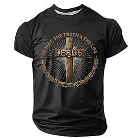 Men's Bible Jesus The Way The Truth The Life Wooden Cross Crown of Thorns Religious Christian Faith Graphic T-Shirt Short Sleeve Crew Neck Bible Verse Church T