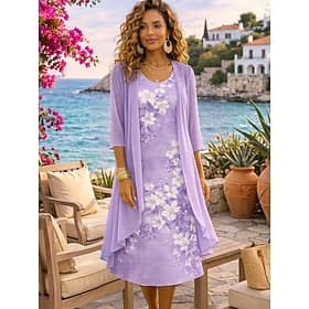 Women's Dress Set A Line Dress Elegant Vacation Floral Graphic Layered Print Midi Dress Half Sleeve Crew Neck Daily Vacation Blue Purple Summer Spring Regular