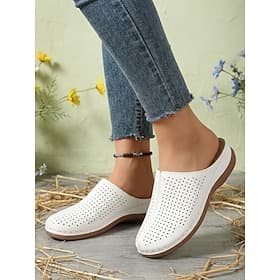 Women's Perforated Slip-On Mules – White Faux Leather Shoes with Comfortable Heel for Everyday Wear, Casual Outings and Relaxed Summer Style