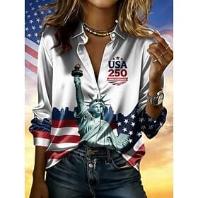 American 250th Independence Day Women's Shirt Satin Shirt Print American Flag Vacation Vintage Fashion Long Sleeve Shirt Collar Regular Tops Daily Holiday Goin thumbnail 2