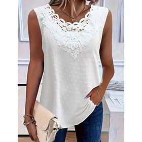 Women's Tank Top Lace Tops Lace Patchwork Plain Fashion Stylish Classic Sleeveless Crew Neck Regular Tops Daily Going out Weekend White Purple Summer Spring