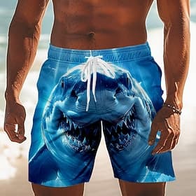 Men's Animal Shark Swim Trunks Bathing Suits Swim Shorts Board Shorts Mid Waist Funny Beach Vacation Wear Side Pockets Mesh Lining Elastic Drawstring Waist Des